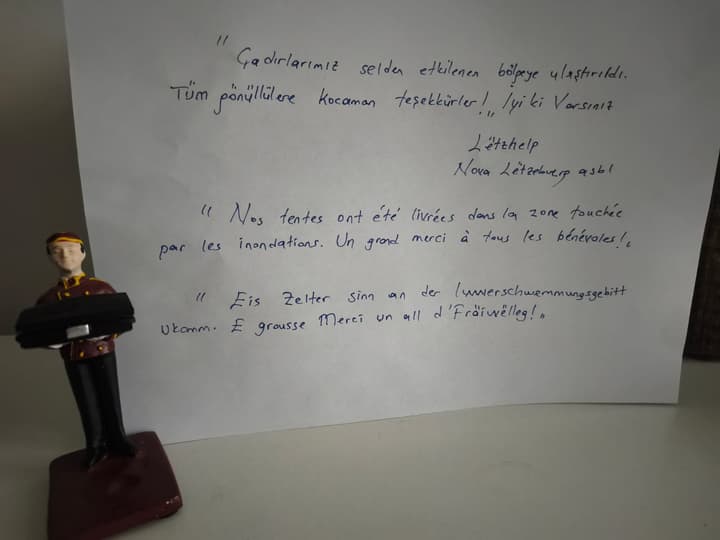 Handwritten thank-you note to the volunteers, in Turkish, French and Luxembourgish