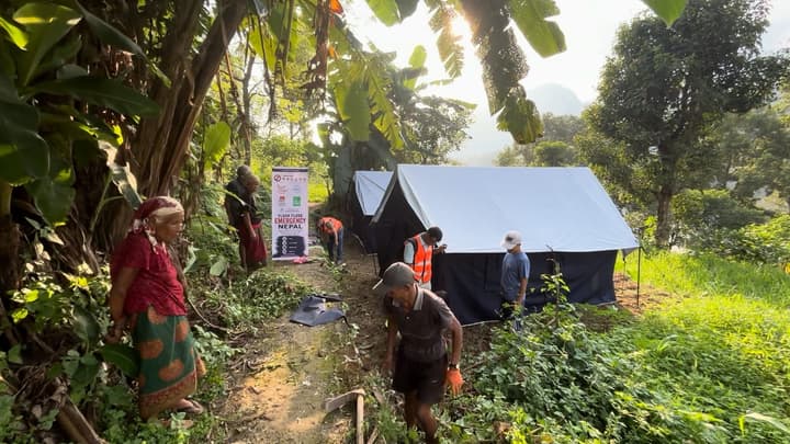 The tents stand among the trees, close to the families