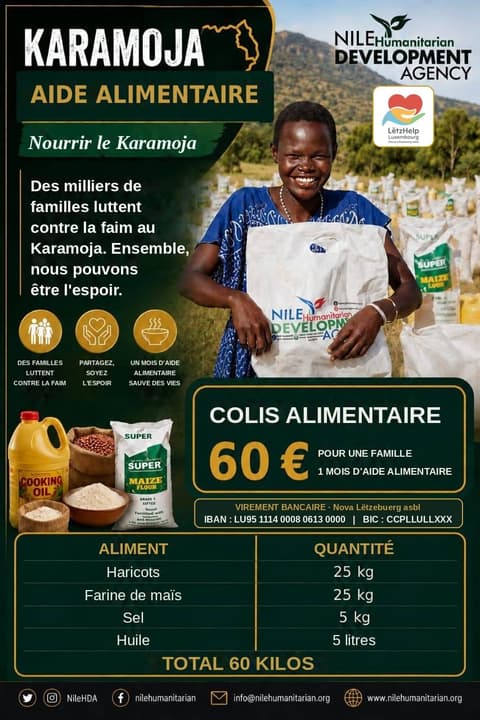 Karamoja food-aid poster: a €60 food parcel (beans, maize flour, salt and oil, 60 kg in total) feeds one family for a month