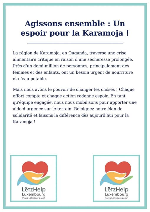 Appeal poster in French: “Agissons ensemble : Un espoir pour la Karamoja !”