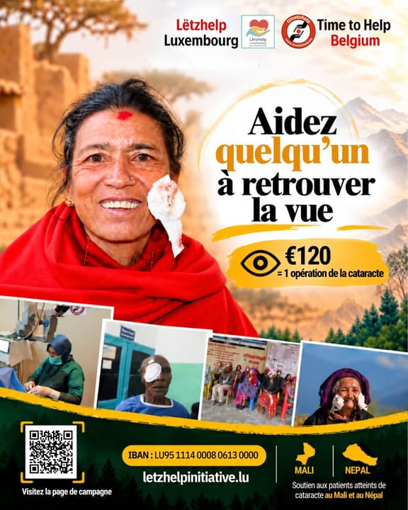 Appeal poster in French: “Aidez quelqu’un à retrouver la vue” (Help someone see again) — €120 = 1 cataract operation