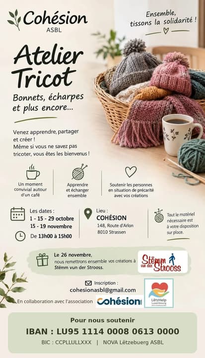 Cohésion asbl’s “Atelier Tricot” poster (in French): dates, venue, registration address and LëtzHelp’s donation account